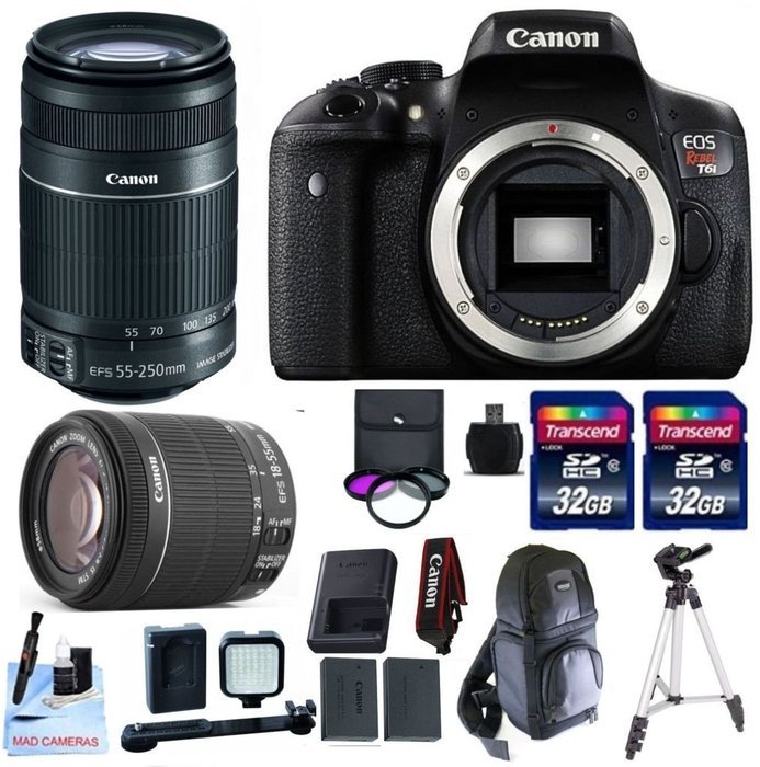Canon EOS T6i DSLR Camera Kit + Canon 18-55mm IS STM + Canon 55-250mm IS STM + 1 Year Warranty + 2 32GB Transcend...