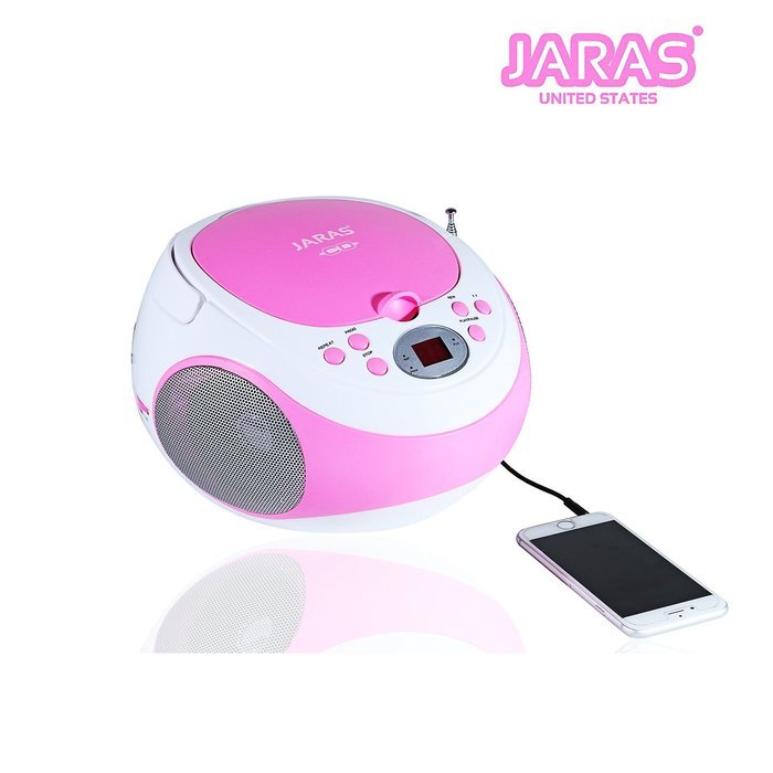 Jaras Limited Edition Portable Pink Boombox Stereo CD Player with AM/FM Stereo Radio and Aux Line-in