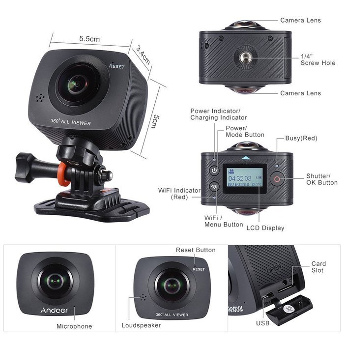Andoer Dual-lens 360 Degree Panoramic Camera Digital Video Sports Action VR Camera 1920 960P 30fps HD 8MP with... N3