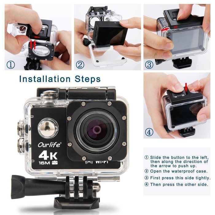 Ourlife 4K WIFI Sports Action Camera Ultra HD 170&deg; HD Wide-angle Fish-eye Lens 2 inch LCD Screen[Black] N4
