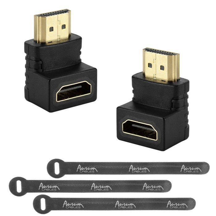 Aurum Cables Right Angle L Shape HDMI Male to HDMI Female Adapters - Black - Pack of 5 + 3 Cable Ties N3