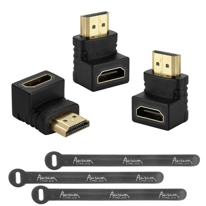 Aurum Cables Right Angle L Shape HDMI Male to HDMI Female Adapters - Black - Pack of 5 + 3 Cable Ties N10
