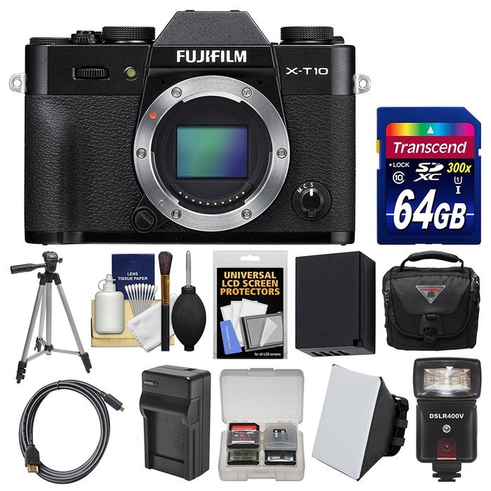 Fujifilm X-T10 Digital Camera Body (Black) with 64GB Card + Case + Flash + Diffuser + Battery & Charger + Tripod...