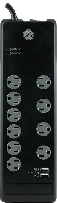 GE 13476 Surge Protector, 10 Outlets, 3000J, 2 USB Ports (2.1A), 6' Cord N5
