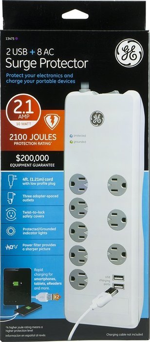 GE 13476 Surge Protector, 10 Outlets, 3000J, 2 USB Ports (2.1A), 6' Cord N8