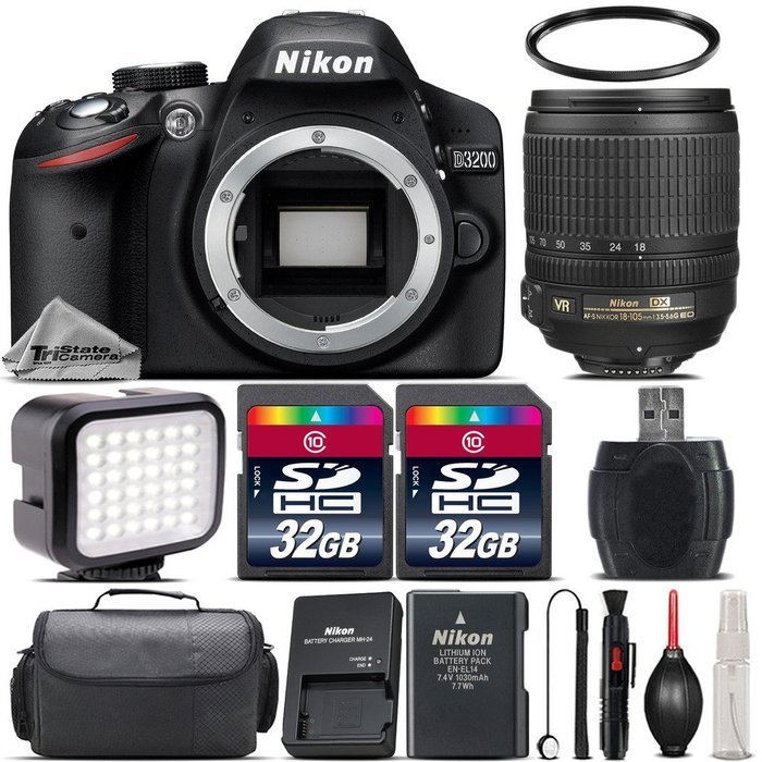 Nikon D3200 DSLR 24.2MP Camera in Black + Nikon 18-105mm VR Lens + 64GB Storage + LED Kit + Camera Case + UV Filter... N4