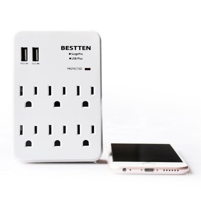 Bestten 3 Outlet Wall Mount Surge Protector with 2 USB Charging Ports (2.4A/Port, Total 3.1A) and Safety Covers... N26