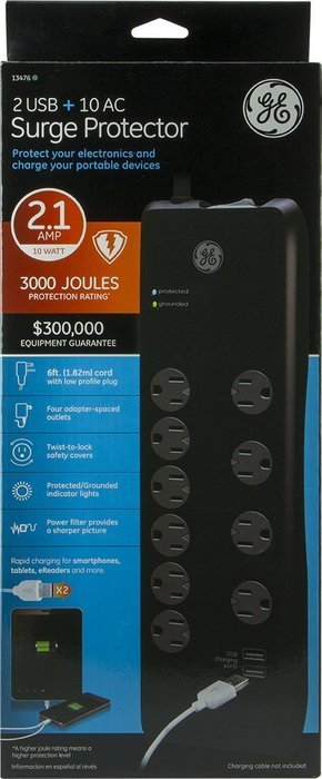 GE 13476 Surge Protector, 10 Outlets, 3000J, 2 USB Ports (2.1A), 6' Cord N9