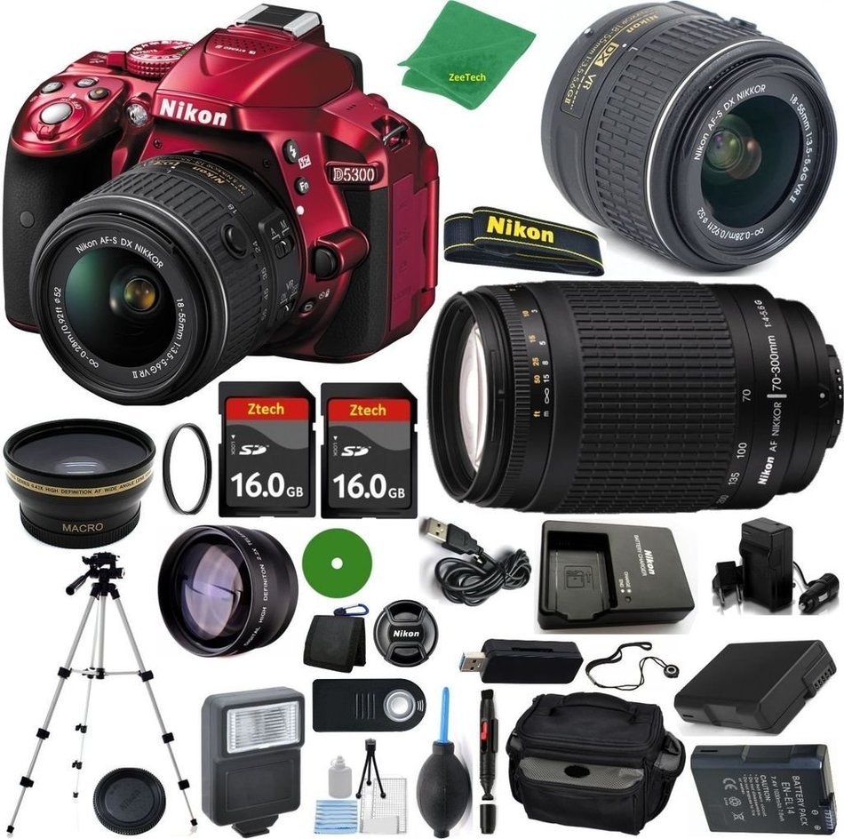 Nikon D5300 Red - International Version (No Warranty), 18-55mm f/3.5-5.6 DX VR, Nikon 70-300mm f/4-5.6G, 2pcs... N2