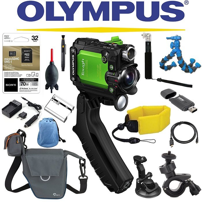 Olympus Stylus Tough TG-Tracker Wifi Action Camera (Green) + Sony 32GB MicroSD Card + Floating Strap + Flexpod...