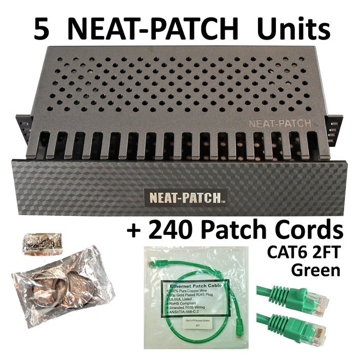 Neat Patch Cable Manager (10 Units) w/ 240 CAT6 Patch Cables (2FT Green) N14