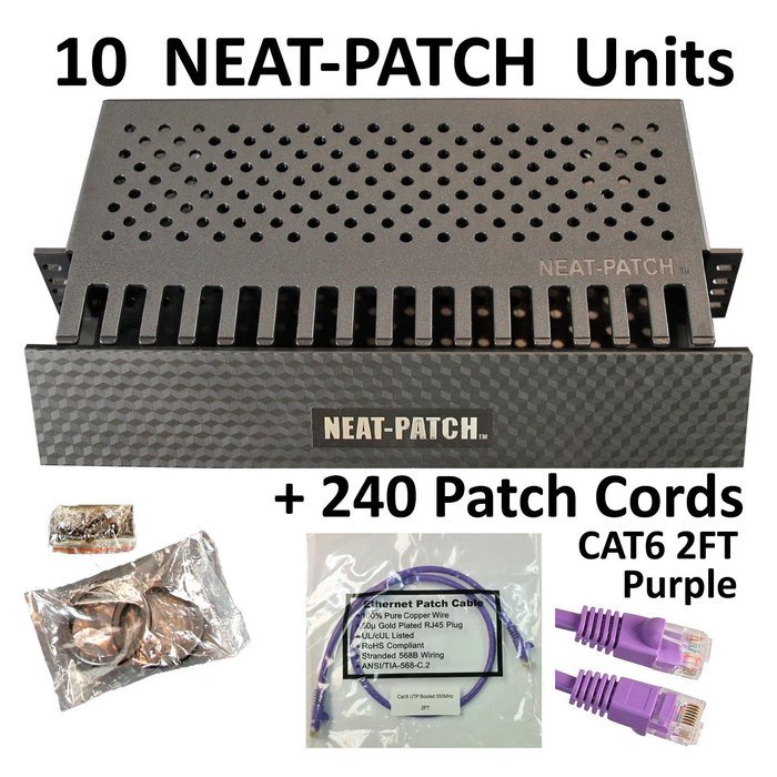 Neat Patch Cable Manager (10 Units) w/ 240 CAT6 Patch Cables (2FT Green) N17