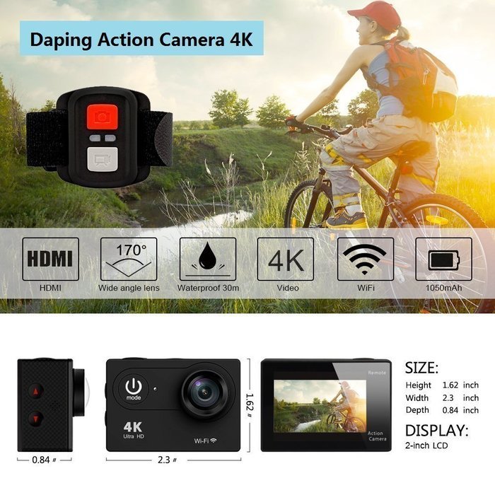 Daping Sports Camera WiFi 4K 2.0 LCD 170 Wide Angle Lens 1080P HD 60fps 16MP Action Camera NT96650 Chip, SONY... N2