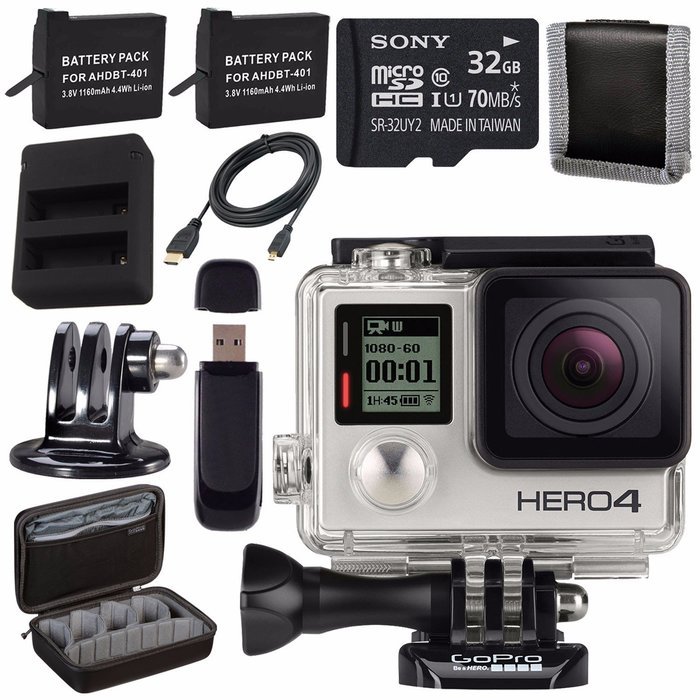 GoPro HERO4 Silver + Rechargeable Battery + Dual Battery Charger + Sony 32GB microSDHC Card + Case for GoPro HERO4...