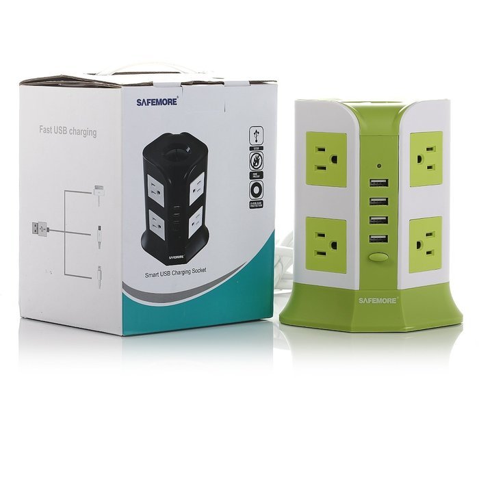 Power Strip 8-AC Outlets and 4-Port USB Charging Ports with 6.5-Foot Cord（Green+White）
