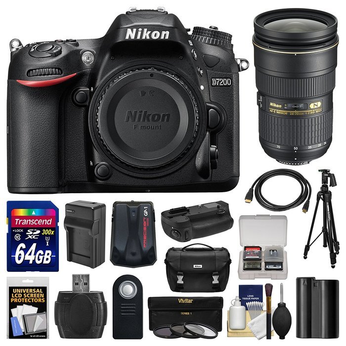 Nikon D7200 Wi-Fi Digital SLR Camera Body with 24-70mm f/2.8G AF-S Lens + 64GB Card + Case + Battery/Charger +... N3