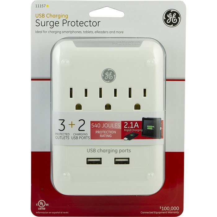 GE 11157 Surge Tap, 3 Outlets, 540J, USB 2.1A, White N3
