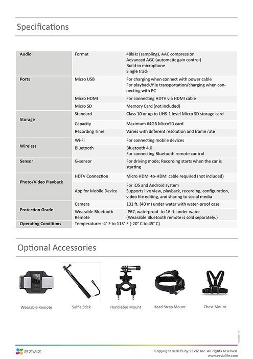 EZVIZ One Action Camera HD 1080P 60FPS WiFi Enabled (Grey)