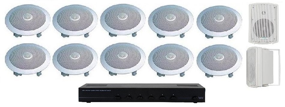 Home Audio Whole House Speaker System- 12 Speakers: 5pr- Flush 5.25" Round Speakers, 1pr- Outdoor Speakers & Switcher