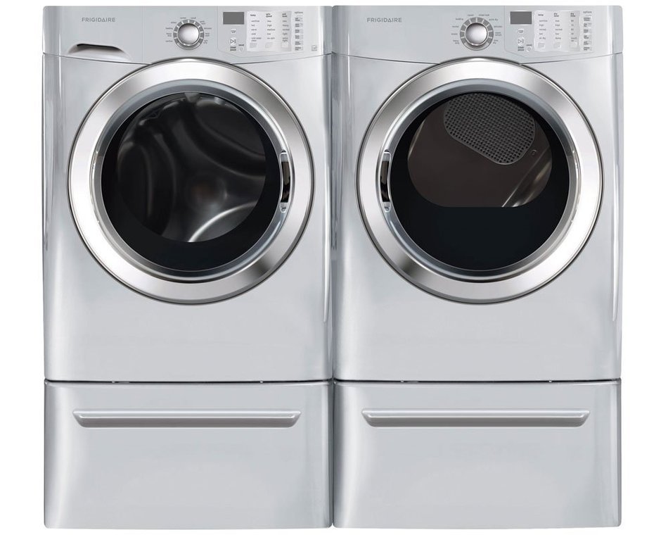 Frigidaire Silver Front Load Laundry Pair with FFFS5115PA 27" Washer, FFSG5115PA 27" Gas Dryer and 2 CFPWD15A...