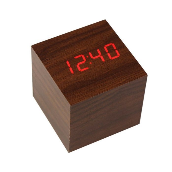 WensLTD Digital LED Wooden Desk Alarm Brown Clock Mini Cube Style