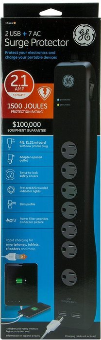 GE 13476 Surge Protector, 10 Outlets, 3000J, 2 USB Ports (2.1A), 6' Cord N10