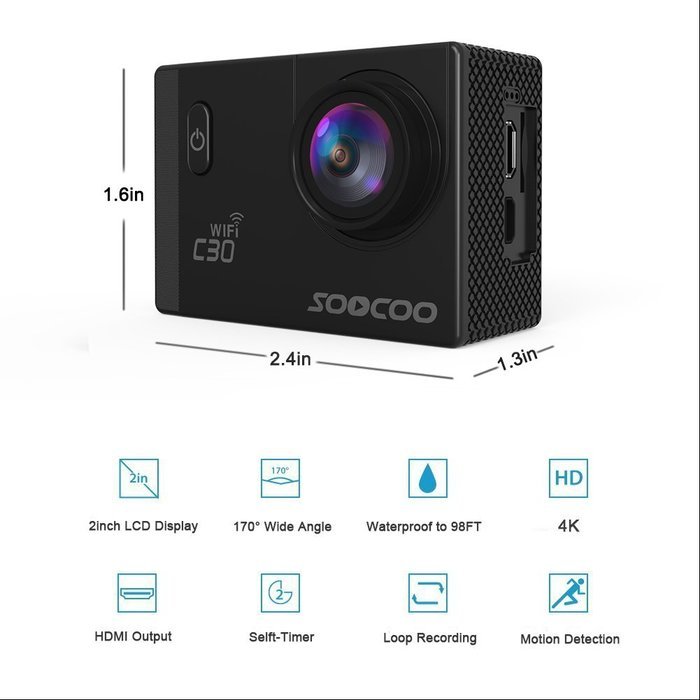 Sports Camera, SOOCOO 4K Action Camera 20MP 2.0 Inch Waterproof Diving Camera with 2 Batteries and 19 Accessories... N16