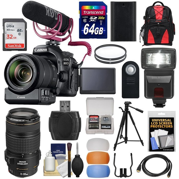 Canon EOS 80D Wi-Fi Digital SLR Camera & 18-135mm IS Video Creator Kit + 70-300mm IS Lens + PZ-E1 Adapter + RODE...