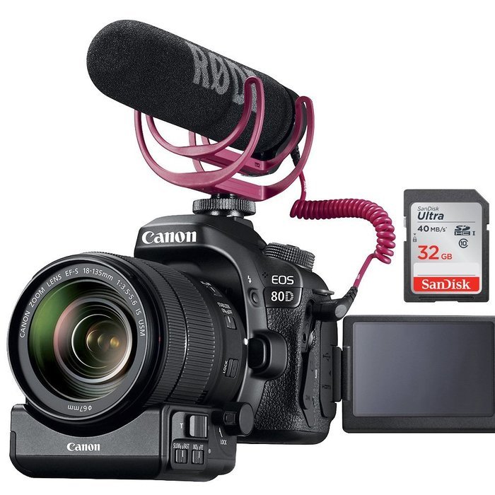 Canon EOS 80D Wi-Fi Digital SLR Camera & 18-135mm IS Video Creator Kit + 70-300mm IS Lens + PZ-E1 Adapter + RODE... N2