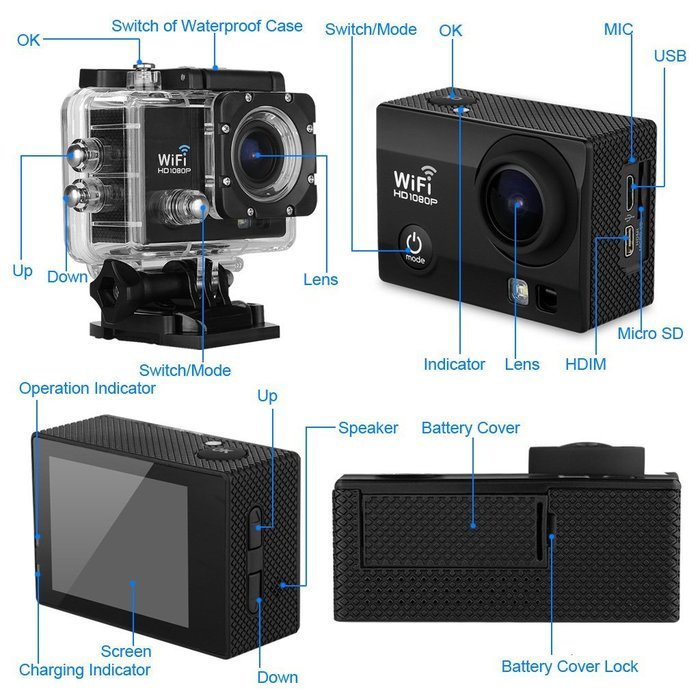 Excelvan Q5 Mini Portable Sports Action Camera 2.0 Inch 12MP H.264 1080P Full HD WiFi 30m Waterproof Anti-shake... N4