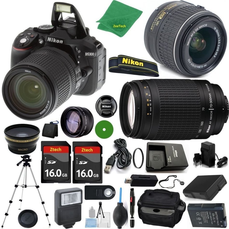 Nikon D5300 - International Version (No Warranty), 18-55mm f/3.5-5.6 DX VR, Nikon 70-300mm f/4-5.6G, 2pcs 16GB...