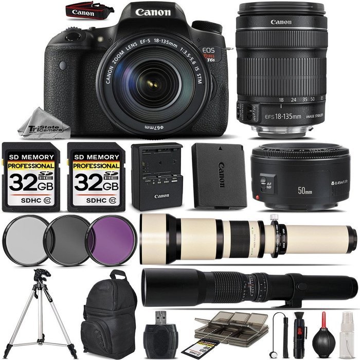 Canon EOS Rebel T6s DSLR Camera + Canon 18-135mm STM Lens + Canon 50mm 1.8 Lens + 650-1300mm Zoom Lens + 500mm...