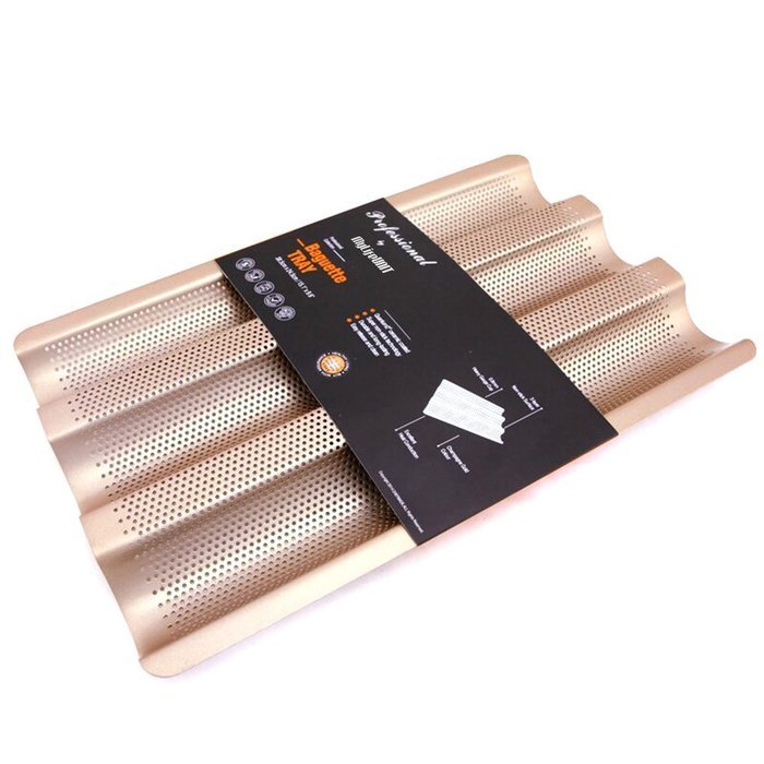 MyLifeUNIT Non Stick 3 Perforated Baguette Pan, Heavy Duty Carbon Steel French Loaf Pan Bread Pan, Gold
