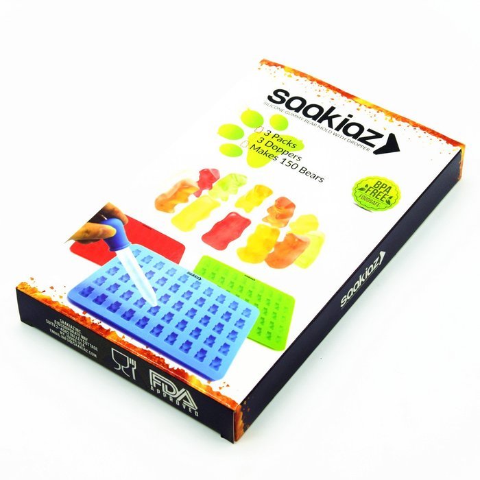 Saakiaz Silicone Gummy Bear Molds - 3 Packs With 3 BONUS DROPPERS- 50 Cavities-Up to 150 Gummy Bear Candy At Once... N3