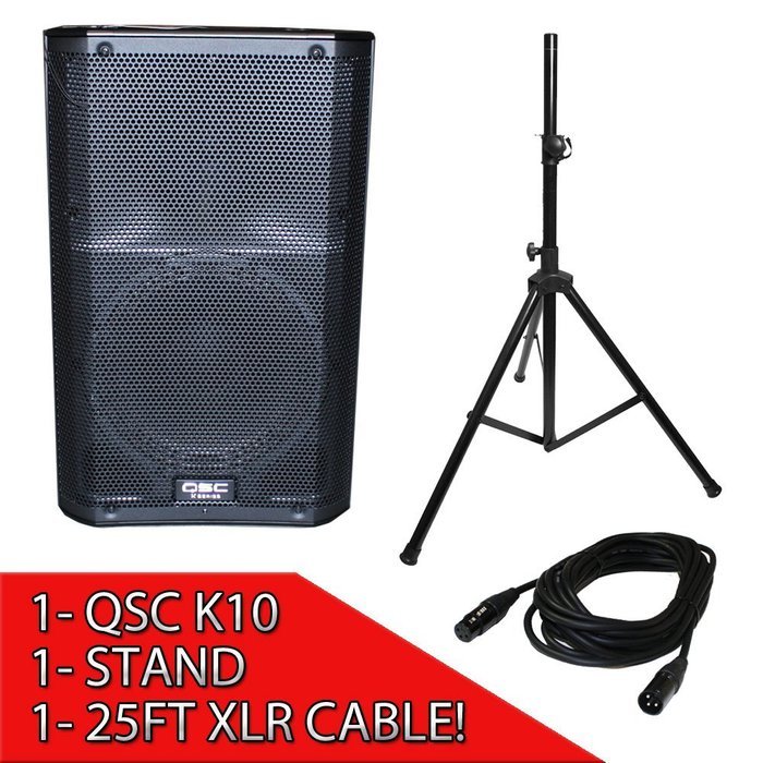 QSC K10 Powered 10-Inch 1000 Watts PA Speaker PACKAGE with Speaker Stand and 25FT XLR Cable Included!