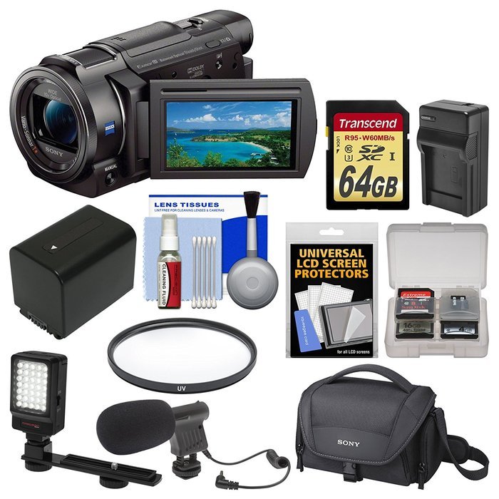 Sony Handycam FDR-AX33 Wi-Fi 4K Ultra HD Video Camera Camcorder with 64GB Card + Case + LED Light + Microphone...