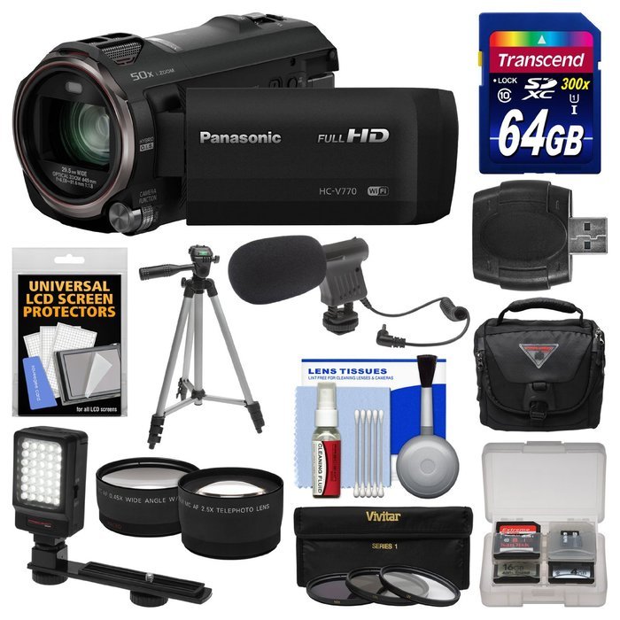 Panasonic HC-V770 Wireless Smartphone Twin Wi-Fi HD Video Camera Camcorder + 32GB Card + Case + LED Light + Microphone...