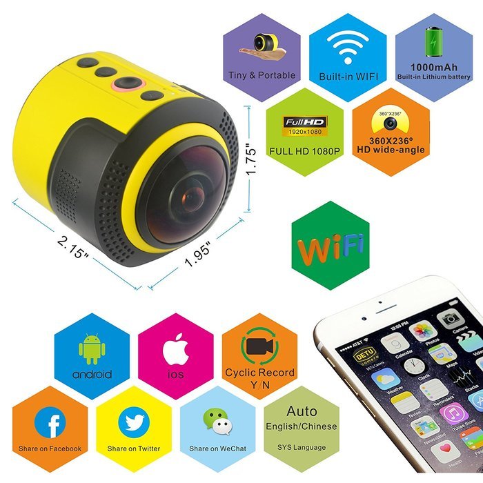 Auein 360 Degree Panorama Camera Wifi 1080P 30FPS 8MP Fisheye Film Source for Virtual Glasses VR Action Sports... N5
