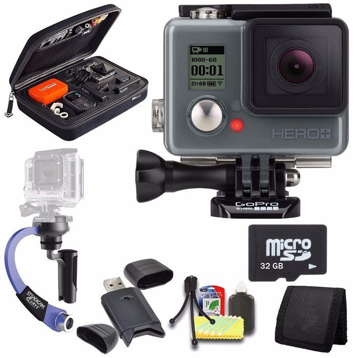 GoPro HERO+ LCD + Steadicam Curve for GoPro HERO Action Cameras (Blue) + 32GB Memory Card + Case for GoPro HERO4...