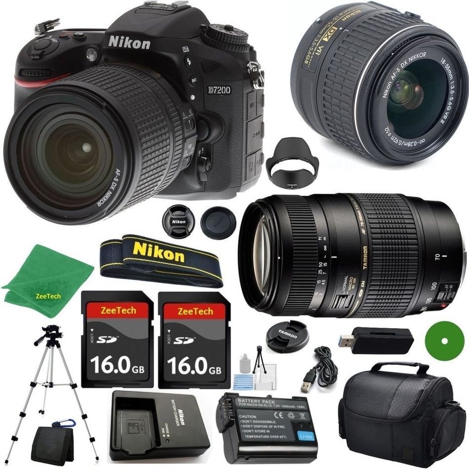 Nikon D7200 International Version - No Warranty, Nikon 18-55mm VR Lens, Tamron 70-300mm DI LD Zoom, 2pcs 16GB...