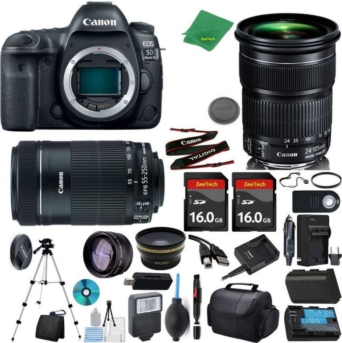 Canon EOS 5D Mark IV Camera + 24-105mm STM + 55-250mm STM + 2pcs 16GB Memory + Case + Reader + Tripod + ZeeTech...