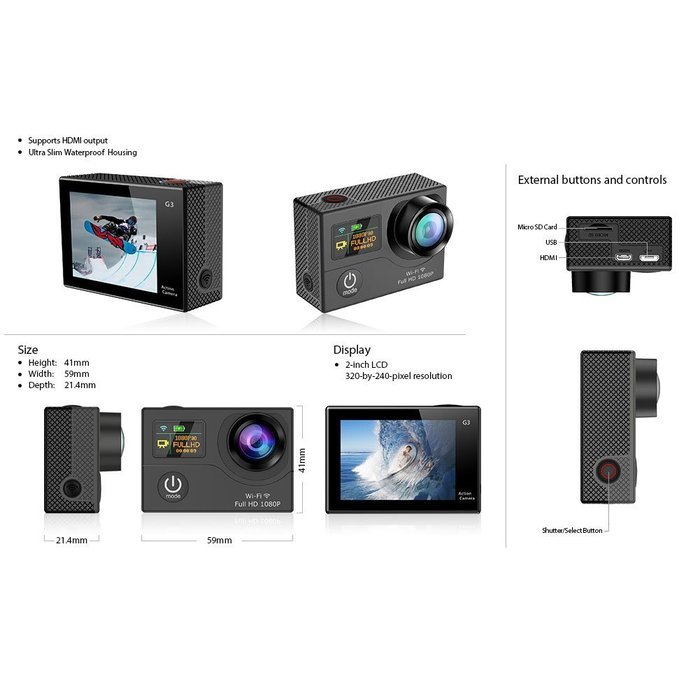 CarLink(TM) 2.0'' TFT LCD+0.95'' OLED status Dual Screen ultra slim 1080p Wi-fi Action Camera,100% compatible... N3