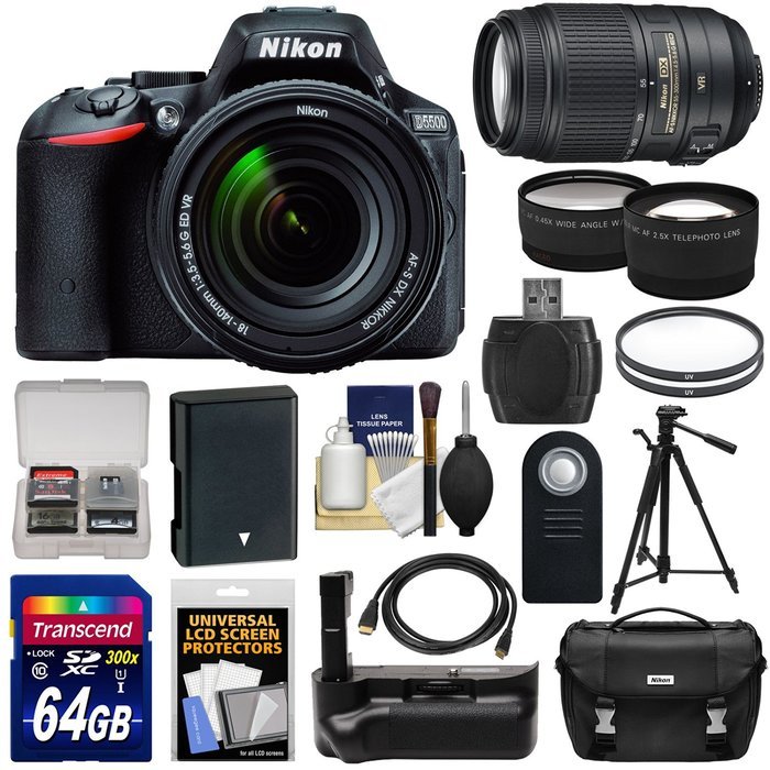 Nikon D5500 Wi-Fi Digital SLR Camera & 18-140mm VR AF-S (Black) & 55-300mm VR Lens + 64GB Card + Battery + Grip... N3