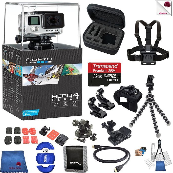 Gopro Hero 4 Black 15 Piece Hooked Bundle Includes: Go Pro Hero4 Black + Case + Flexible Tripod + Chest Strap...