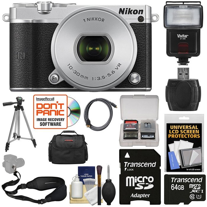 Nikon 1 J5 Wi-Fi Digital Camera & 10-30mm Lens (Silver) with 64GB Card + Sling Strap + Case + Tripod + Flash +...