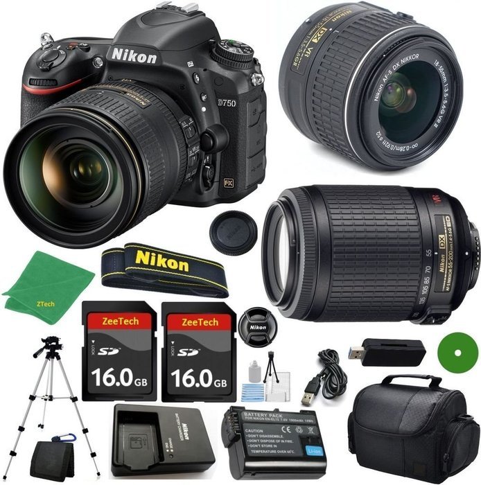 Nikon D750 - International; Version (No Warranty), 18-55mm f/3.5-5.6 DX VR, Nikon 55-200mm f4-5.6G VR, 2pcs 16GB...