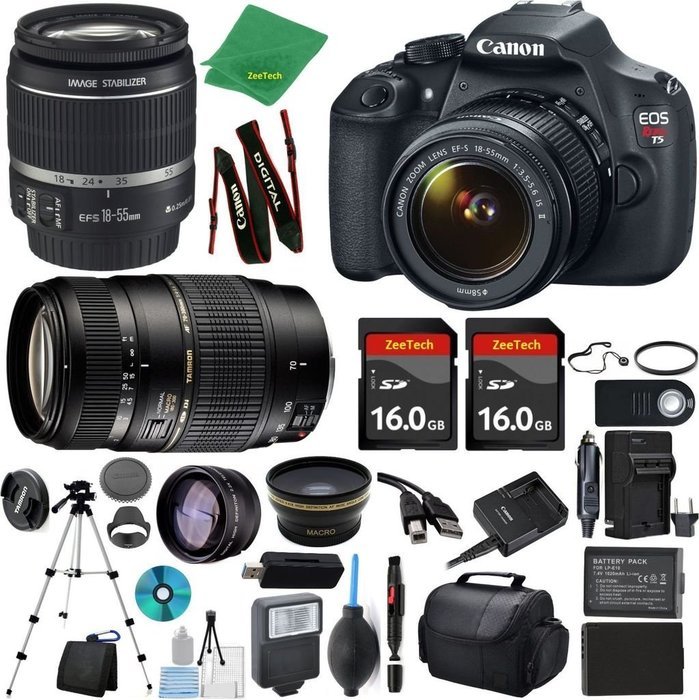 Canon Rebel T5 Camera + 18-55mm IS + Tamron 70-300mm AF + 2pcs 16GB Memory + Case + Reader + Tripod + ZeeTech...