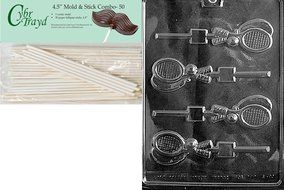 Cybrtrayd 45St50-S080 Tennis Racquet Lolly Sports Chocolate Candy Mold with 50-Pack 4.5-Inch Lollipop Sticks