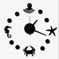 MuLuo DIY Mediterranean Starfish Hippocampus Wall Clock 3D Wall Stickers Watches Home Decor red N5