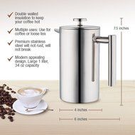 Double Wall Tea & Coffee Brewer | Stainless Steel Coffee Pot & Maker - French Press 1 Liter 34 Oz Coffee Pot with...
